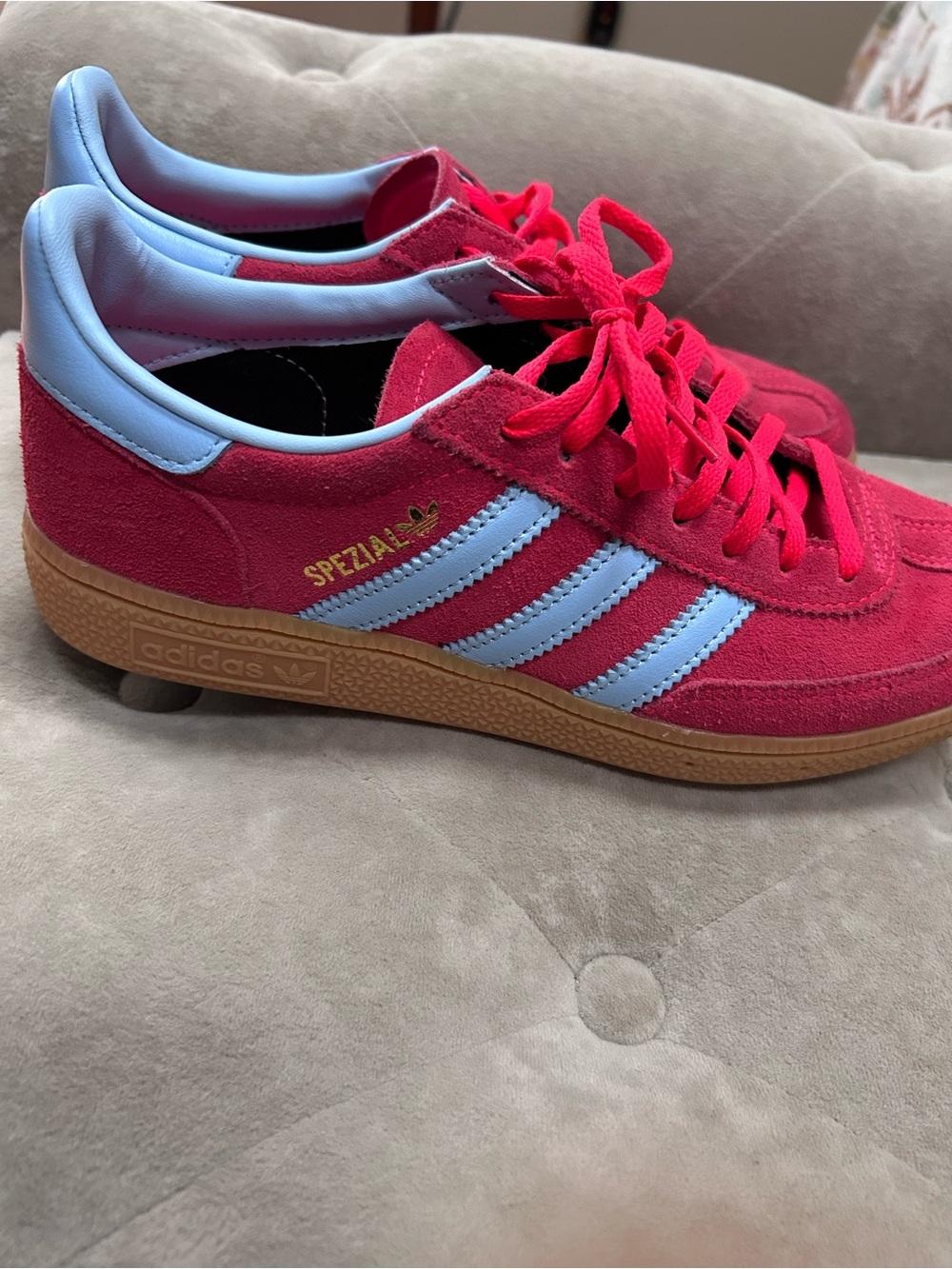 adidas Kids Red Suede Sneakers with Light Blue Stripes and Gum Sole